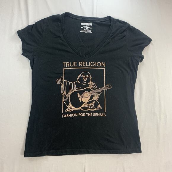 True Religion Shirt Women's Size XL Logo Buddha Black V-Neck Tee - Picture 1 of 6